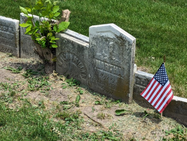 Tombstones that used to sit in the Bristol Burying Grounds now rest at the edge of Elmwood Cemetery in Yorkville. Members of the Kendall County Historical Society say these stones seem too close together to have bodies buried underneath them. (R. Christian Smith / The Beacon-News)