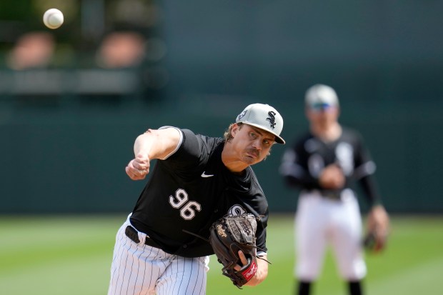 White Sox starting pitcher Drew Thorpe warms up during the second inning of a Cactus League game against the Guardians on March 18, 2024, in Glendale, Ariz. (Ross D. Franklin/AP)