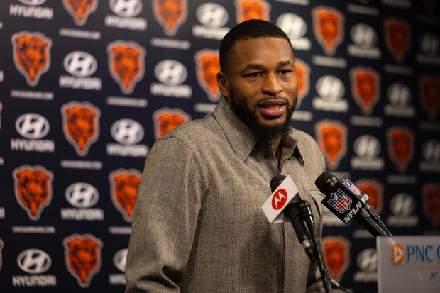 Safety Kevin Byard speaks with the media about joining the Bears on March 14, 2024, in Lake Forest. (Stacey Wescott/Chicago Tribune)