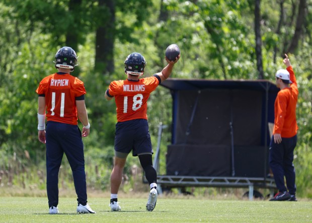 Chicago Bears quarterback Caleb Williams (18) throws Thursday, May 23, 2024, during OTAs at Halas Hall. (Brian Cassella/Chicago Tribune)