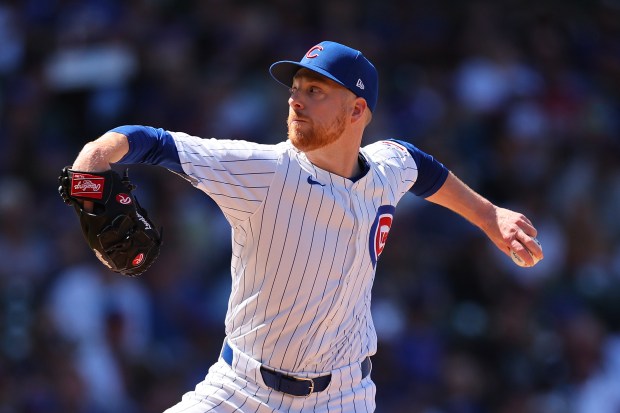 Cubs reliever Richard Lovelady delivers during the seventh inning against the Padres on May 8, 2024, at Wrigley Field. (Michael Reaves/Getty)