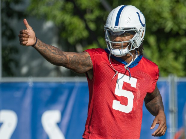 Colts QB Anthony Richardson during a training camp practice on July 29, 2023 in Westfield, Ind. (Photo by Michael Hickey/Getty Images)