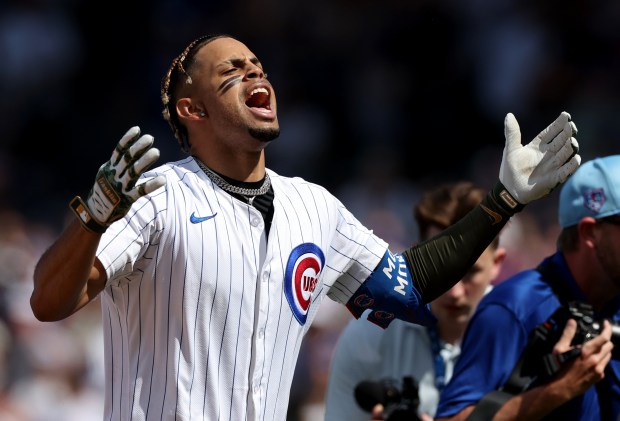 Morel celebrates after hitting a game-winning walk-off single in the ninth inning of a game against the Pirates at Wrigley Field on May 18, 2024. (Chris Sweda/Chicago Tribune)