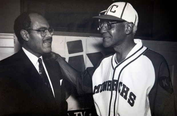 Joe Louis Barrow (left) and Buck O'Neil meet at the Oxford Hotel in September 1994 in Denver. (John Leyba/Denver Post)