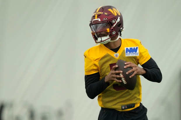 Commanders quarterback Jayden Daniels (5) prepares to throw the ball during rookie minicamp in Ashburn, Va., on Friday, May 10, 2024. (AP Photo/Susan Walsh)