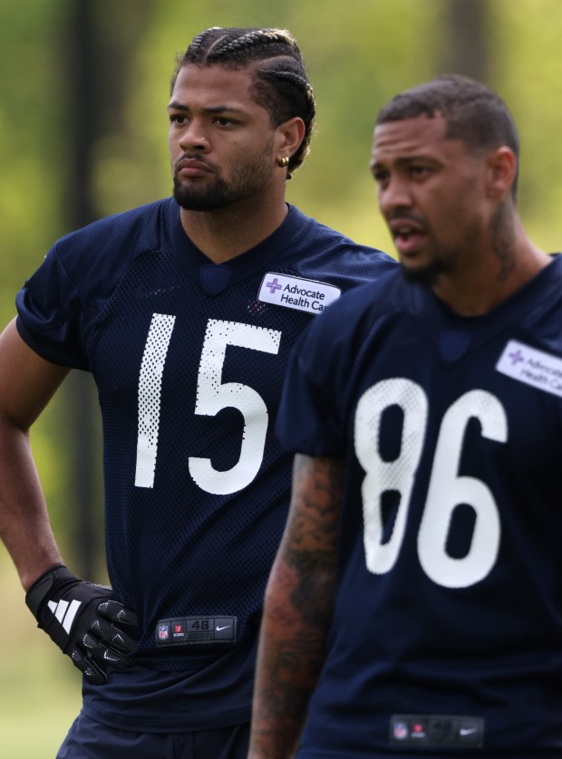 Wide receiver Rome Odunze (15) watches teammates work out during Bears rookie minicamp at Halas Hall Saturday, May 11, 2024, in Lake Forest. (John J. Kim/Chicago Tribune)