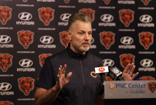 Bears coach Matt Eberflus speaks with the media before the start of rookie minicamp at Halas Hall on May 10, 2024. (Stacey Wescott/Chicago Tribune)