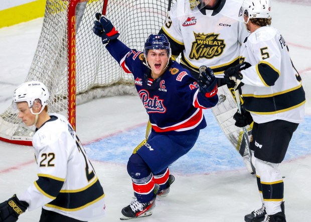 Tanner Howe of the Regina Pats celebrates his team's first period goal against the Brandon Wheat Kings at Westoba Place on Sept. 22, 2023 in Brandon, Manitoba, Canada. (Jonathan Kozub/Getty)