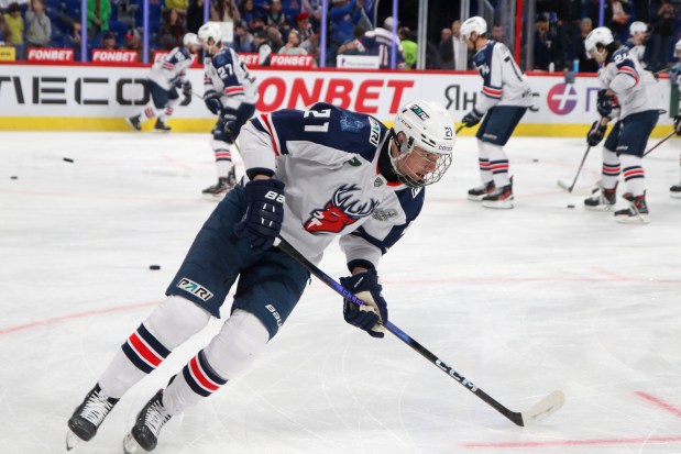 Torpedo Hockey Club player, Anton Silayev seen in action during a game against SKA Saint Petersburg on March 9, 2024. (Maksim Konstantinov/SOPA Images/LightRocket)