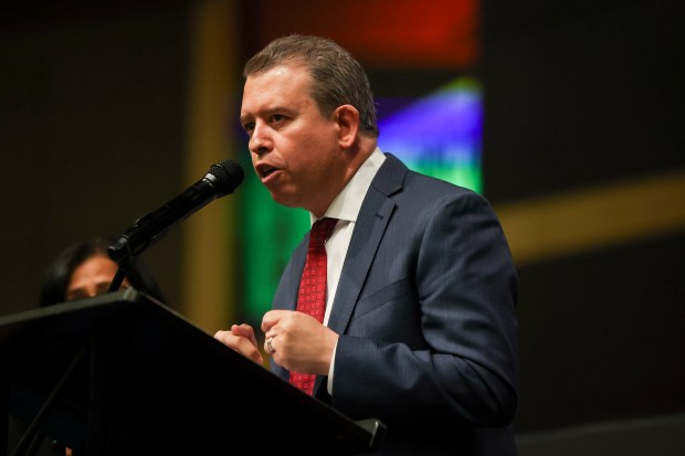 CEO of Chicago Public Schools Pedro Martinez speaks during the Parent Mentor Program Convention at House of Hope in the Pullman neighborhood on April 23, 2024. (Eileen T. Meslar/Chicago Tribune)