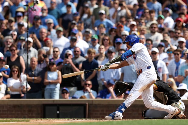 Christopher Morel hits a game-winning walk off single in the ninth inning against the Pirates at Wrigley Field on May 18, 2024. (Chris Sweda/Chicago Tribune)