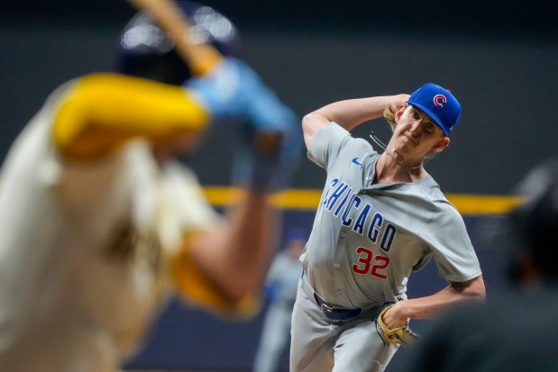 Cubs pitcher Ben Brown throws during the seventh inning against the Brewers on May 28, 2024, in Milwaukee. (AP Photo/Morry Gash)