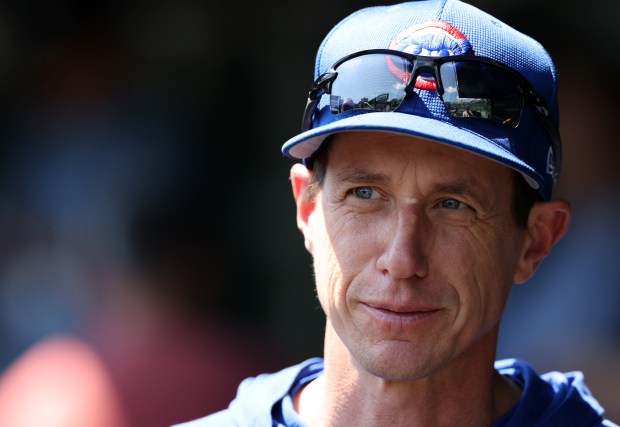 Cubs manager Craig Counsell talks with a reporter before a game against the Braves on May 23, 2024, at Wrigley Field. (John J. Kim/Chicago Tribune)