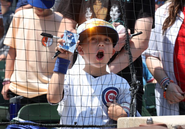 Jackson Tarr, 6, yells toward Cubs shortstop Dansby Swanson for an autograph before a game against the Braves on May 23, 2024, at Wrigley Field. (John J. Kim/Chicago Tribune)