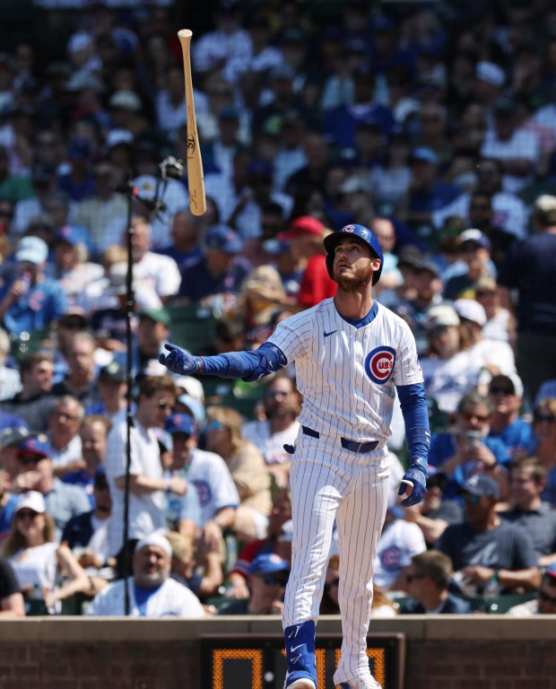 Cubs center fielder Cody Bellinger flips the bat after striking out in the sixth inning on May 23, 2024, at Wrigley Field. (John J. Kim/Chicago Tribune)