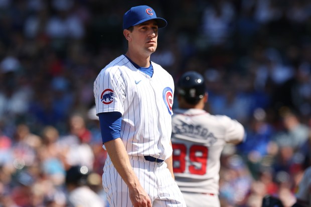 Cubs pitcher Kyle Hendricks stands near the mound after a Braves run in the eighth inning on May 23, 2024, at Wrigley Field. (John J. Kim/Chicago Tribune)