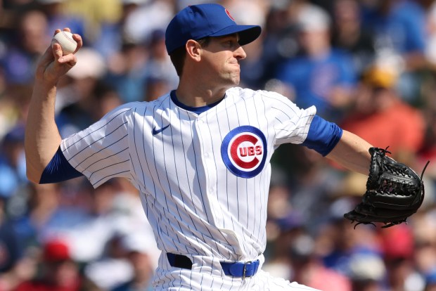 Cubs pitcher Kyle Hendricks throws in the ninth inning against the Braves on May 23, 2024, at Wrigley Field. (John J. Kim/Chicago Tribune)