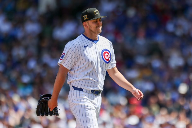 Chicago Cubs pitcher Jameson Taillon (50) walks to the dugout after being taken out during the fifth inning against the Pittsburgh Pirates at Wrigley Field on May 19, 2024. (Eileen T. Meslar/Chicago Tribune)