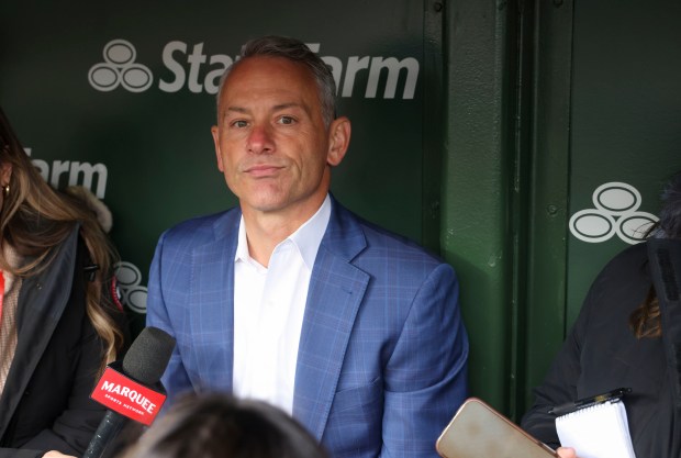 Jed Hoyer, Cubs president of baseball operations, speaks to members of the media on April 1, 2024, before his team faced the Rockies in their home opener at Wrigley Field. (Brian Cassella/Chicago Tribune)