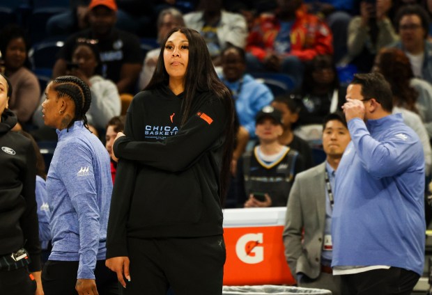 Chicago Sky center Kamilla Cardoso (10) watches her teammates warm up before their game against New York Liberty at Wintrust Arena on May 7, 2024. (Eileen T. Meslar/Chicago Tribune)