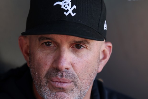 White Sox manager Pedro Grifol speaks with reporters from the dugout before a game against the Blue Jays on May 29, 2024, at Guaranteed Rate Field. (John J. Kim/Chicago Tribune)