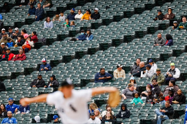A sparse crowd watches the White Sox play the Royals on April 17, 2024, at Guaranteed Rate Field. (Vincent Alban/Chicago Tribune)