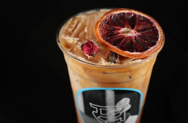 The rose and orange latte at Swadesi Cafe. (John J. Kim/Chicago Tribune)