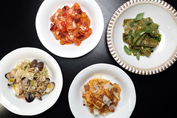 The rigatoni, clockwise from top left, lasagne, pappardelle and spaghetti at Tre Dita, 401 E. Wacker Drive in Chicago on May 17, 2024. (Terrence Antonio James/Chicago Tribune)