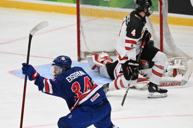 Cole Eiserman of the U.S. celebrates his goal during the IIHF U18 World Championship final against Canada on May 5, 2024, in Espoo, Finland. (Jussi Nukari/Lehtikuva via AP)