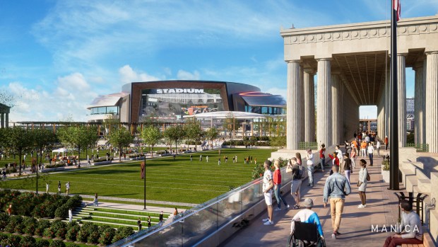 An artist's rendering shows a plan for an enclosed stadium with open space access to the lakefront was released by the Chicago Bears on April 24, 2024. (Manica)