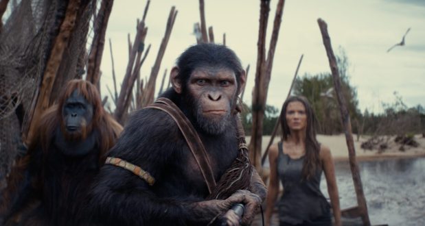 Raka (Peter Macon), Noa (Owen Teague) and the human Nova (Freya Allan) fight for their lives in "Kingdom of the Planet of the Apes." (20th Century Studios)