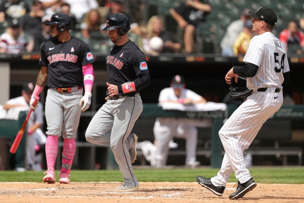 The Guardians' David Fry scores on a passed ball during the sixth inning against the White Sox on Sunday, May 12, 2024, at Guaranteed Rate Field. (AP Photo/Melissa Tamez)