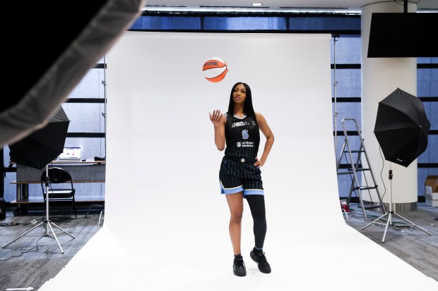 Chicago Sky forward Angel Reese poses for photos on May 8, 2024, during media day at Wintrust Arena. (Eileen T. Meslar/Chicago Tribune)