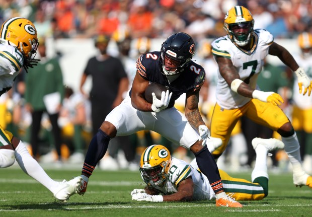 Chicago Bears wide receiver DJ Moore (2) makes a move after a catch in the second quarter of a game against the Green Bay Packers at Soldier Field in Chicago on Sunday, Sept. 10, 2023. (Chris Sweda/Chicago Tribune)