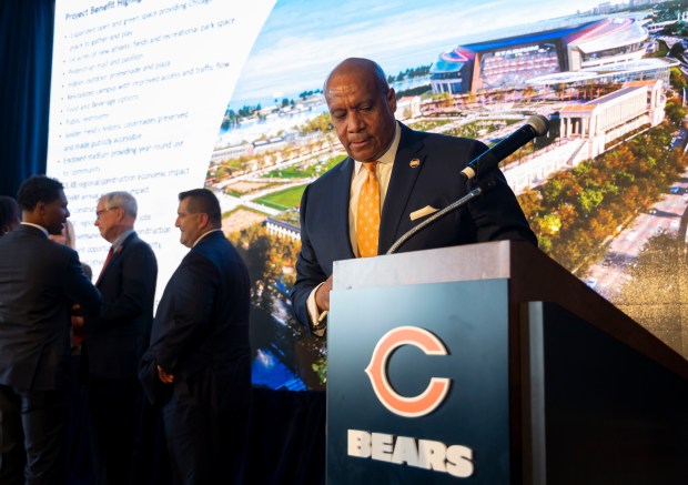Team president and CEO Kevin Warren departs after the Bears announced their plans to build a new domed lakefront stadium, April 24, 2024. (Brian Cassella/Chicago Tribune)