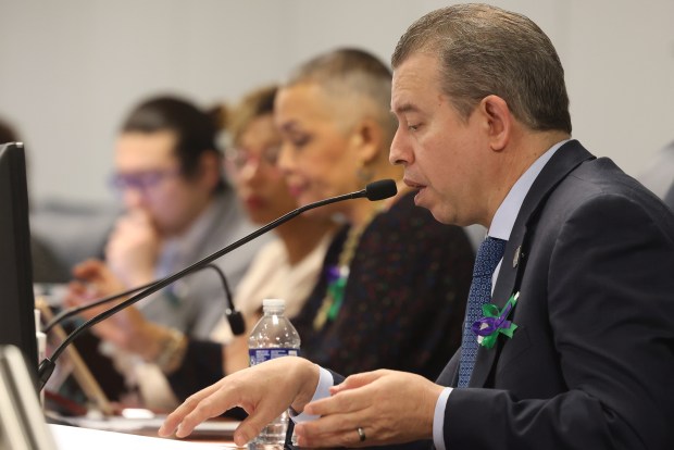 Chicago Public Schools CEO Pedro Martinez speaks at a Chicago Board of Education meeting on March 21, 2024. (Antonio Perez/Chicago Tribune)