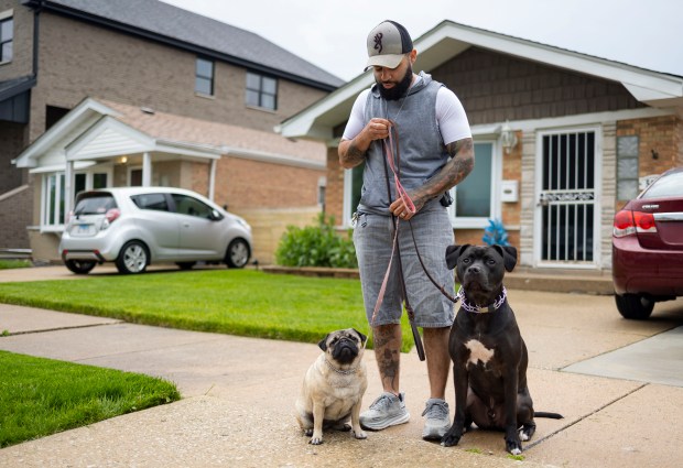 Former police Officer Joel Gordils walks Frida and David near his Chicago home on May 16, 2024. (Brian Cassella/Chicago Tribune)