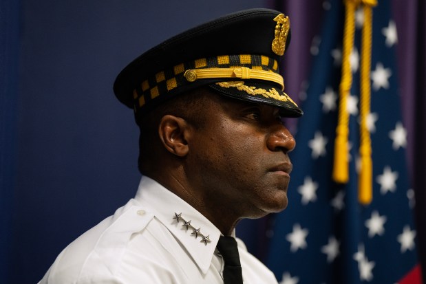 Superintendent Larry Snelling speaks at a press conference to discuss the apprehension and charging of Xavier L. Tate for the murder of CPD Officer Luis M. Huesca, at City of Chicago Public Safety Headquarters on May 3, 2024. (E. Jason Wambsgans/Chicago Tribune)