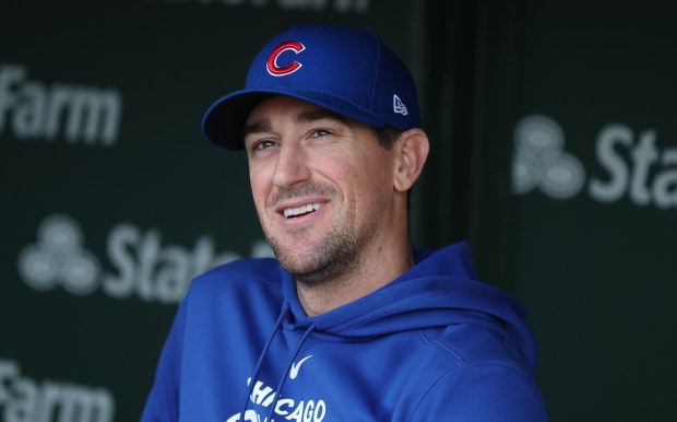 Chicago Cubs pitcher Kyle Hendricks (28) stands in the dugout before heading to the bullpen before a game against the Atlanta Braves at Wrigley Field in Chicago on May 21, 2024. (Chris Sweda/Chicago Tribune)