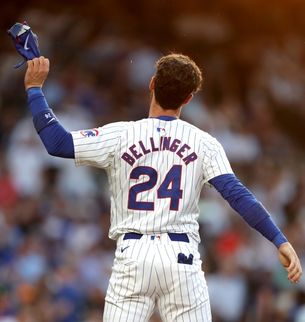 Chicago Cubs outfielder Cody Bellinger (24) reacts after fouling out to third base to end the second inning of a game against the Atlanta Braves at Wrigley Field in Chicago on May 21, 2024. (Chris Sweda/Chicago Tribune)