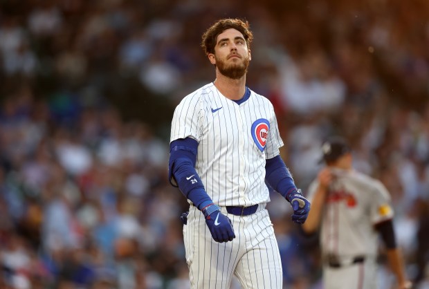 Chicago Cubs outfielder Cody Bellinger (24) reacts after fouling out to third base to end the second inning of a game against the Atlanta Braves at Wrigley Field in Chicago on May 21, 2024. (Chris Sweda/Chicago Tribune)