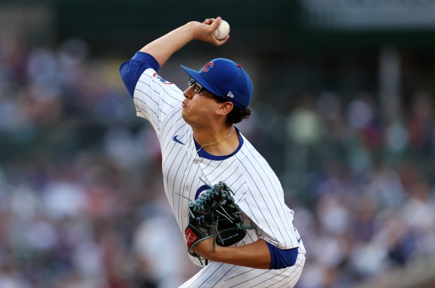 Chicago Cubs starting pitcher Javier Assad (72) delivers to the Atlanta Braves in the first inning of a game at Wrigley Field in Chicago on May 21, 2024. (Chris Sweda/Chicago Tribune)