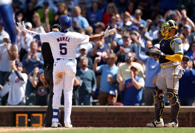 Cubs third baseman Christopher Morel celebrates at home plate after hitting a solo home run in the sixth inning against the Brewers on Friday, May 3, 2024, at Wrigley Field. (Chris Sweda/Chicago Tribune)