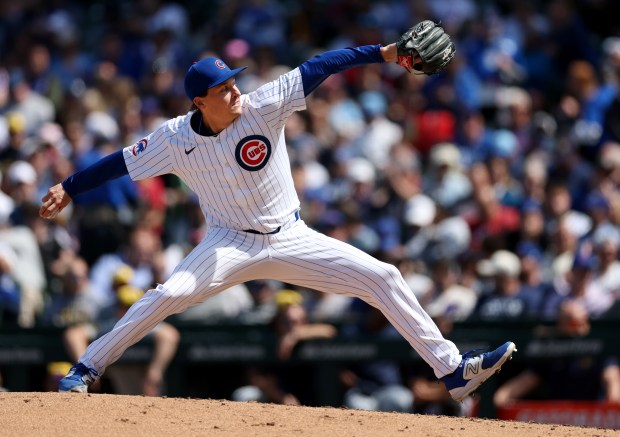 Cubs starter Hayden Wesneski delivers to the Brewers in the sixth inning on Friday, May 3, 2024, at Wrigley Field. (Chris Sweda/Chicago Tribune)