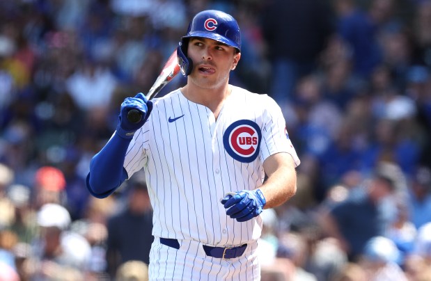 Cubs designated hitter Matt Mervis walks back to the dugout after striking out to end the fourth inning against the Brewers on Friday, May 3, 2024, at Wrigley Field. (Chris Sweda/Chicago Tribune)