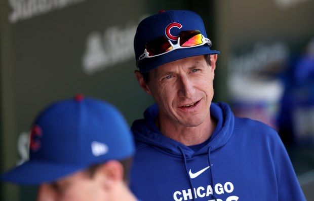 Cubs manager Craig Counsell stands in the dugout before a game against the Brewers on Friday, May 3, 2024, at Wrigley Field. (Chris Sweda/Chicago Tribune)