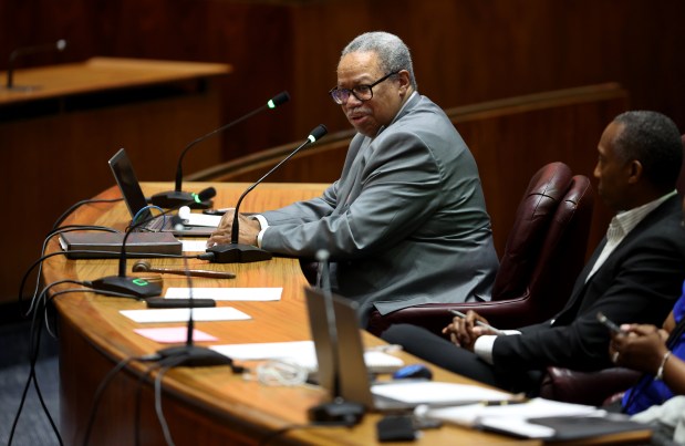 CTA President Dorval Carter speaks during a quarterly hearing on service at City Hall in Chicago on May 30, 2024. The hearing comes as a pending resolution calls for replacing Carter. (Chris Sweda/Chicago Tribune)