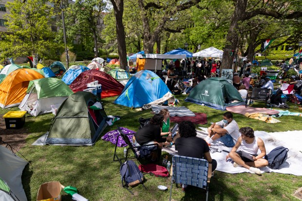 University of Chicago students and community members gather at an encampment on campus on May 1, 2024 in support of Gaza and the Palestinian people. (Brian Cassella/Chicago Tribune)