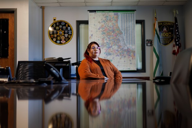 Cynthia Gonzalez, an anti-trafficking outreach specialist for the Cook County Human Trafficking Task Force poses for a portrait at the Cook County Sheriff's office on April 9, 2024, in Maywood. (Armando L. Sanchez/Chicago Tribune)