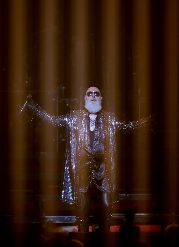 Vocalist Rob Halford leads Judas Priest at Rosemont Theatre on May 1, 2024. (Chris Sweda/Chicago Tribune)